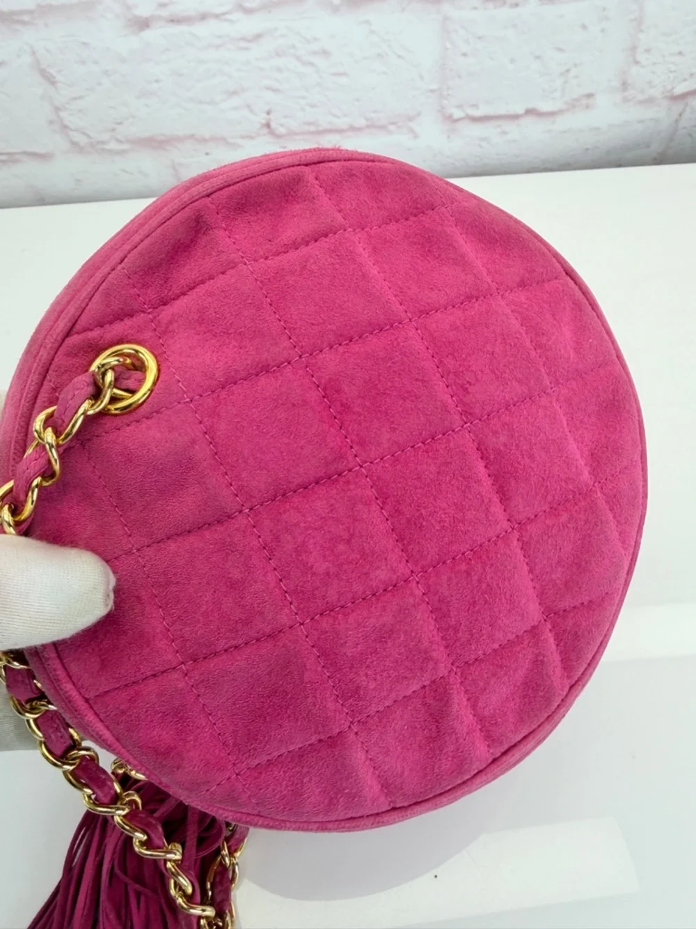 Chanel Hot Pink Quilted Suede Round Clutch on Chain